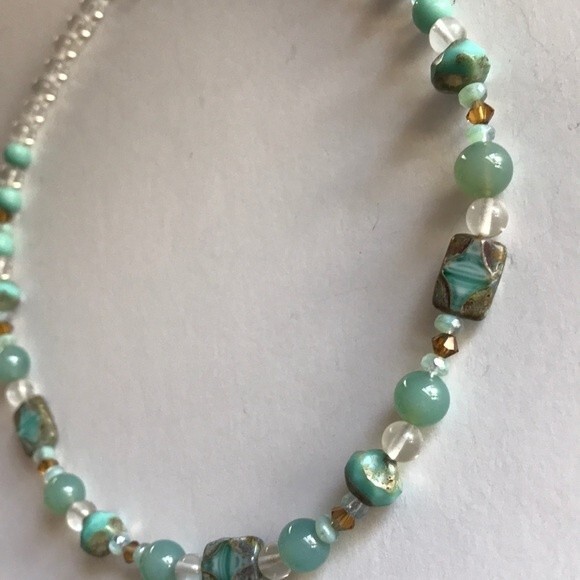Vintage Handmade Teal Amazonite Rock Crystal Beads Swarovski Sterling Necklace - Picture 5 of 8